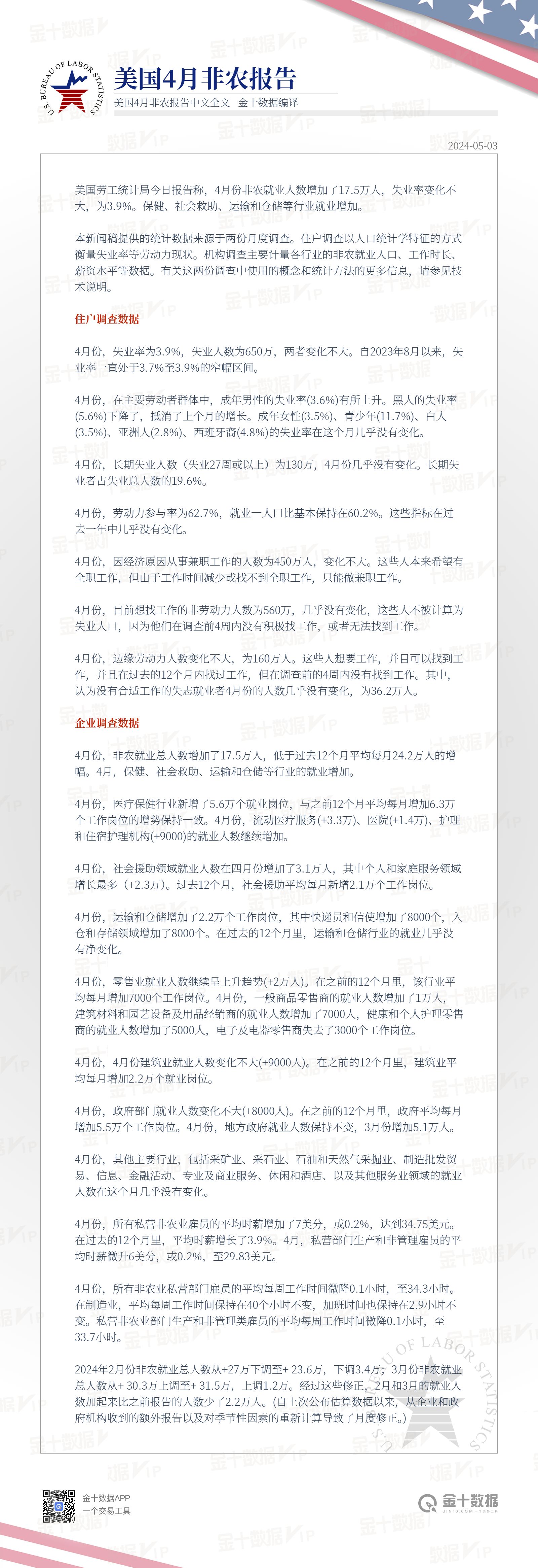 金十独家：美国4月非农就业报告中文全文